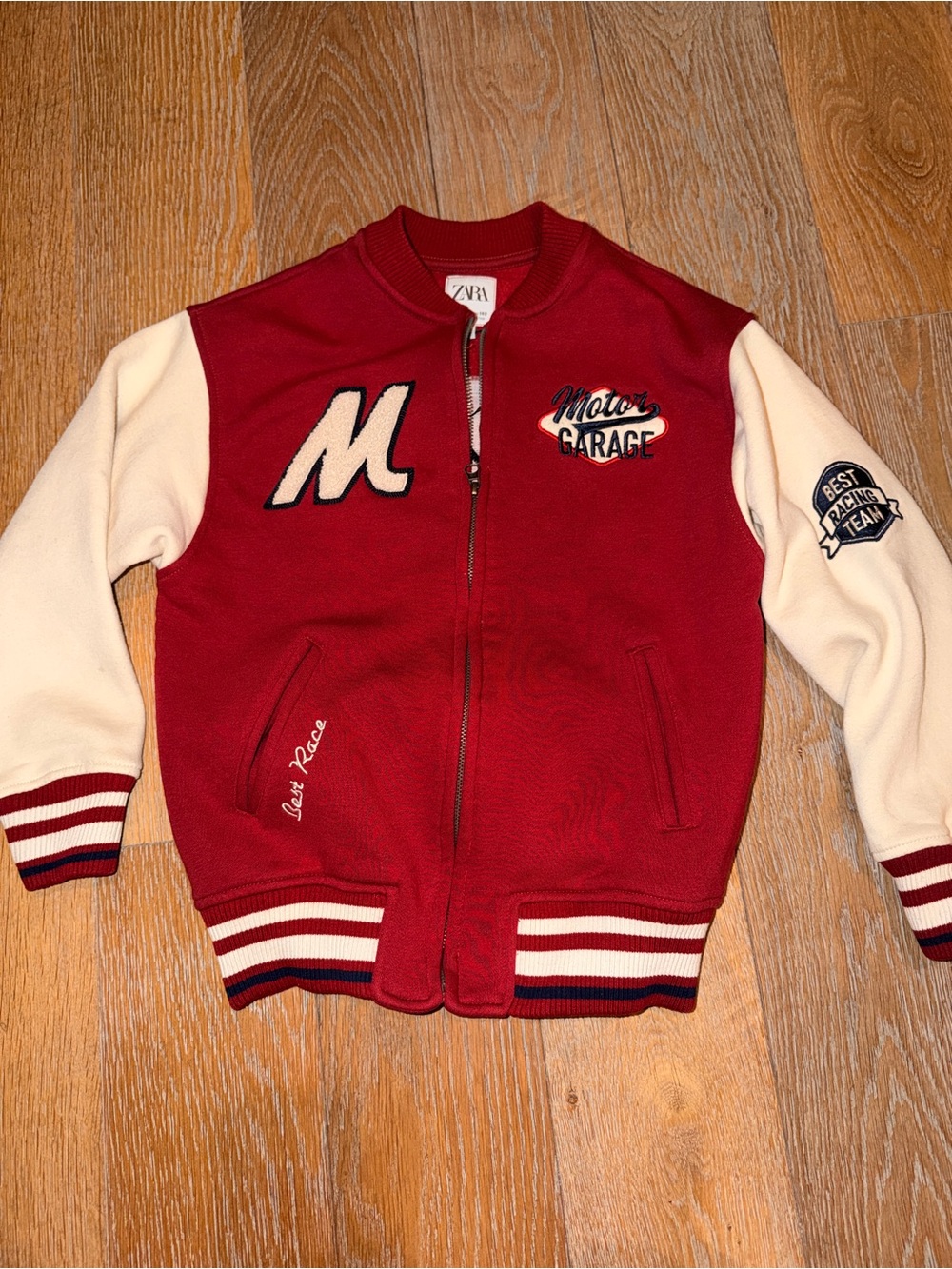 Zara Red and Cream Varsity-Style Bomber Jacket
